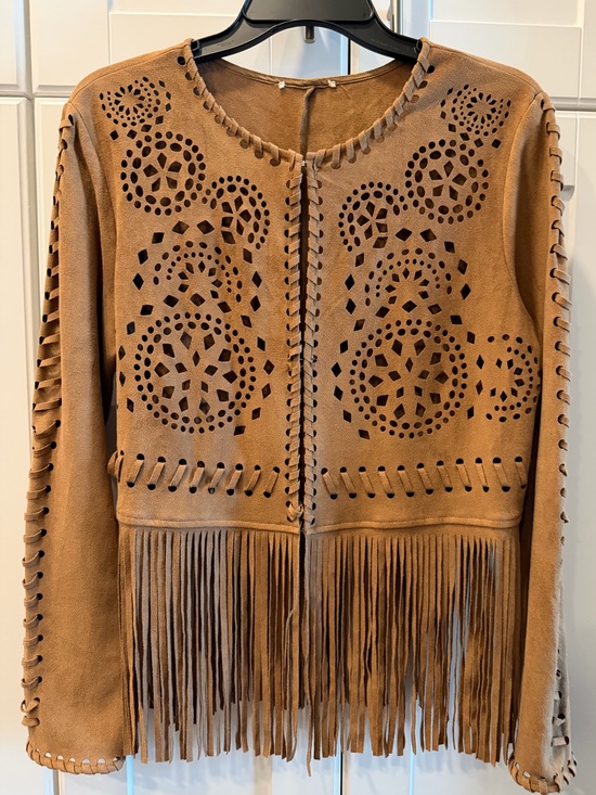 Jackets & Blazers - Promesa Faux Suede Laser Cut Fringe Jacket Brown Western Boho Size M